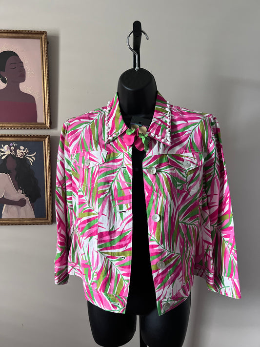 Ruby Rd. Women's Size 10 Pink Green Leaf Tropical Linen Blend Blazer